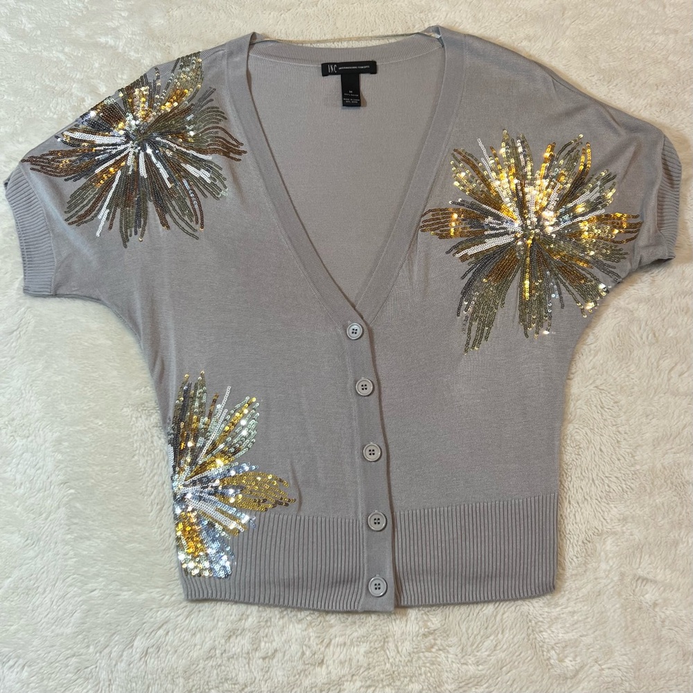 INC glitter burst sequined short sleeve gray cardigan size medium